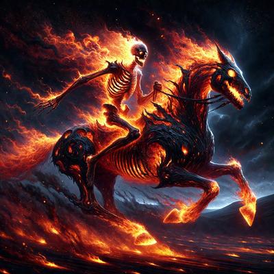 The primary subject of the image is a skeleton riding a black horse. The setting is a dark, fiery environment, with the skeleton and horse surrounded by flames. The visual style is a digital art or illustration, creating a dramatic and intense atmosphere. The dominant colors are black, red, and orange, which contribute to the overall mood of the scene.